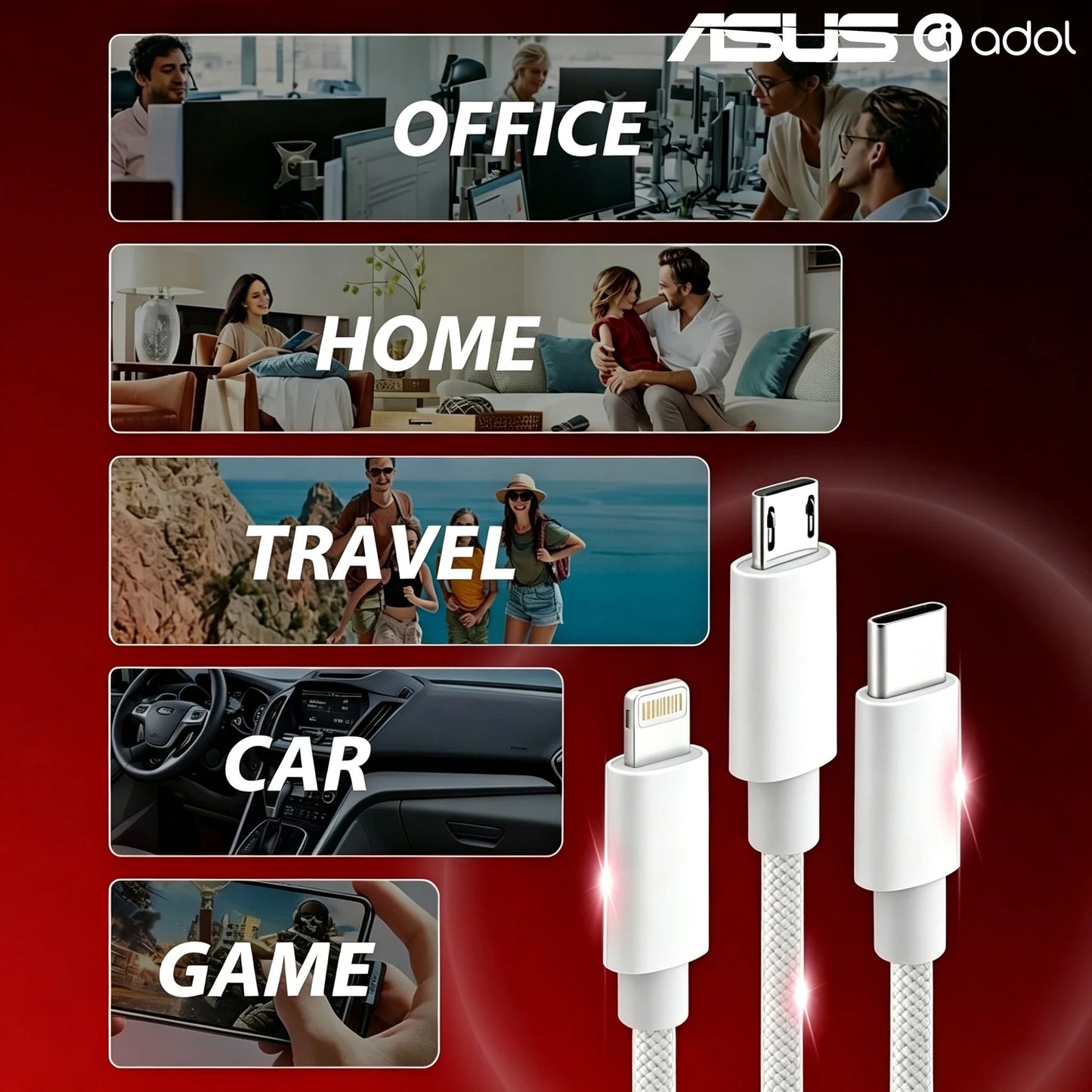 ASUS 3-In-1 Fast Charging Data Cable 1.2m/4ft Multi-Port Charging Cable, Durable Braided Anti-Break, Compatible With IPhone 17 Pro Max, 16 Pro/15/14/13/12 And Other Smartphones, USB-A To Lightning/Typ
