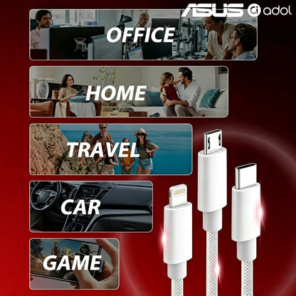 ASUS 3-In-1 Fast Charging Data Cable 1.2m/4ft Multi-Port Charging Cable, Durable Braided Anti-Break, Compatible With IPhone 17 Pro Max, 16 Pro/15/14/13/12 And Other Smartphones, USB-A To Lightning/Typ