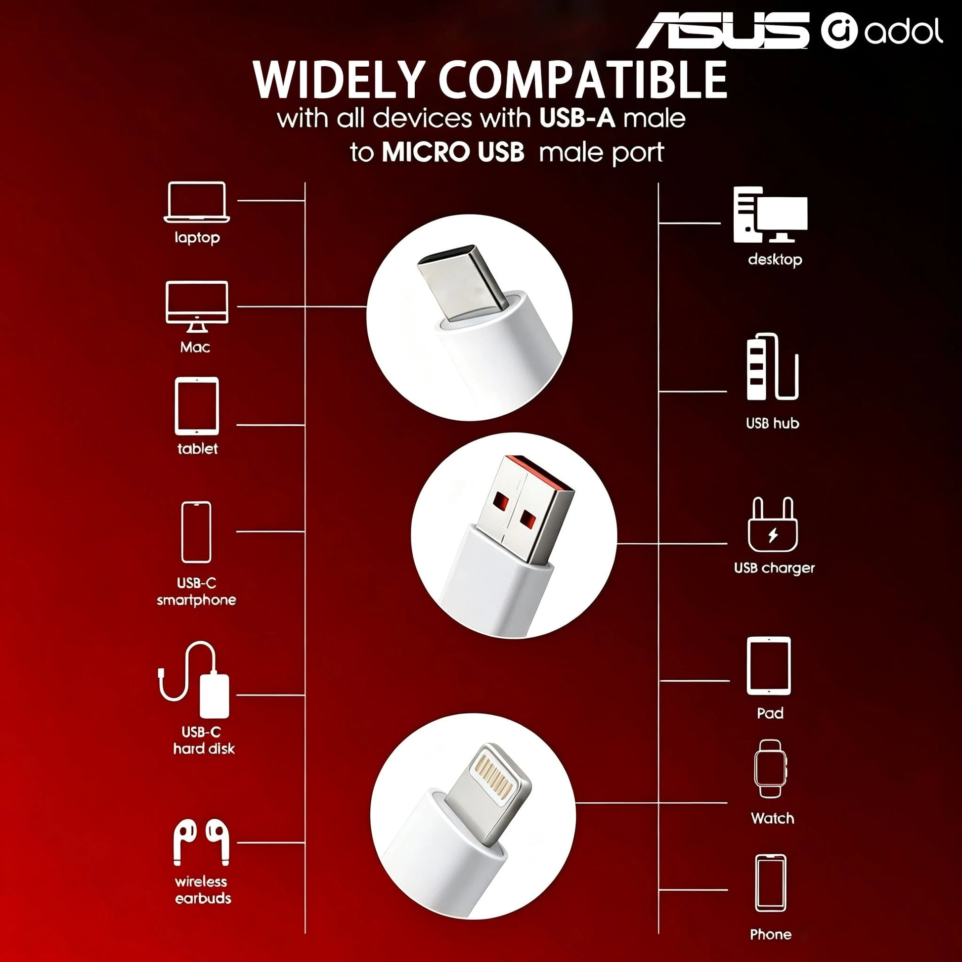 ASUS 3-In-1 Fast Charging Data Cable 1.2m/4ft Multi-Port Charging Cable, Durable Braided Anti-Break, Compatible With IPhone 17 Pro Max, 16 Pro/15/14/13/12 And Other Smartphones, USB-A To Lightning/Typ