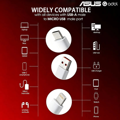 ASUS 3-In-1 Fast Charging Data Cable 1.2m/4ft Multi-Port Charging Cable, Durable Braided Anti-Break, Compatible With IPhone 17 Pro Max, 16 Pro/15/14/13/12 And Other Smartphones, USB-A To Lightning/Typ