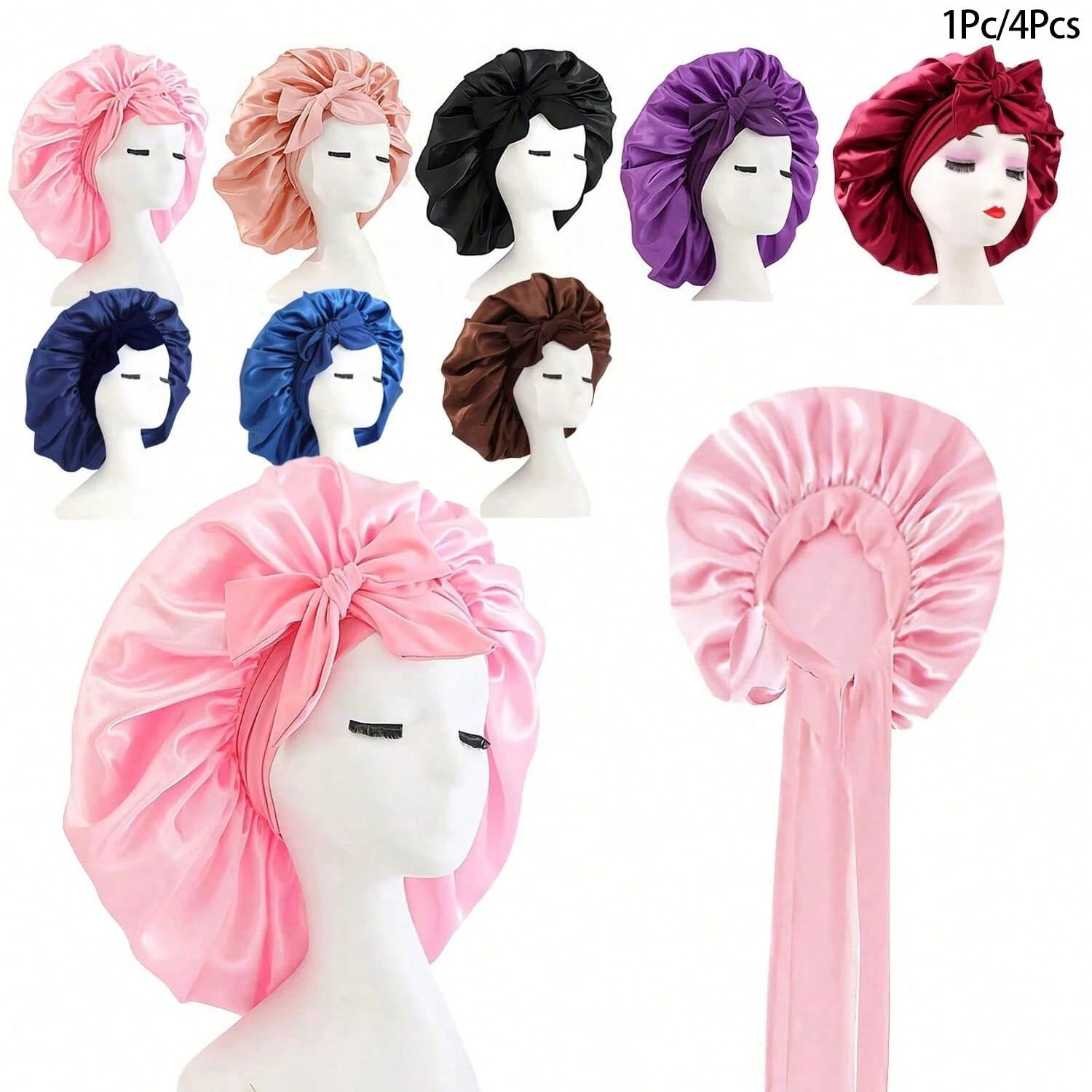 Awegeo 1Pc/4Pcs Silky Satin Sleep Bonnet For Women With Adjustable Bow Ties- Luxurious Hair Protection Cap For Curly/Natural Hair, Multi-Color Options, Soft Nighttime Hair Care Essential