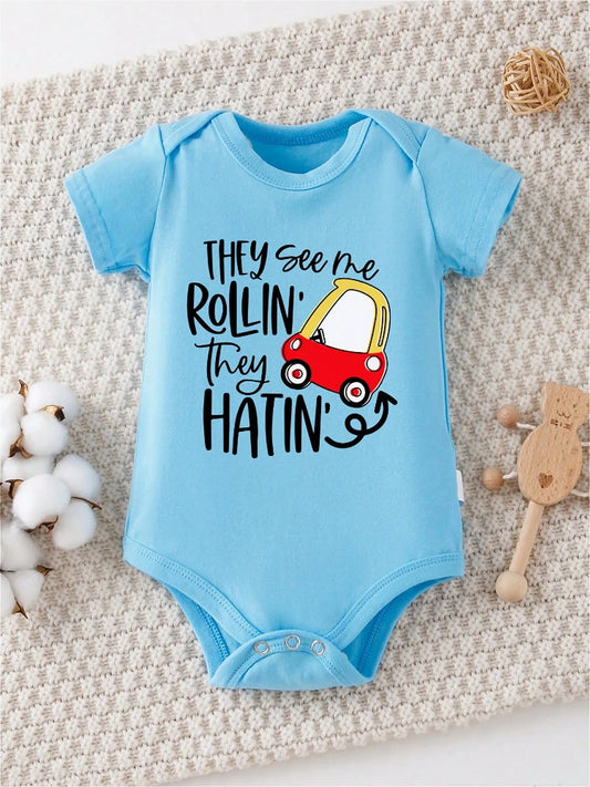 AYJK7 They See Me Rolling Around, They Hate Me, Cars, Comfortable Summer Outdoor Activities, Baby Romper, 100% Cotton Newborn Crawling Clothes, Casual Round Neck Short Sleeved Baby Triangle Jumpsuit