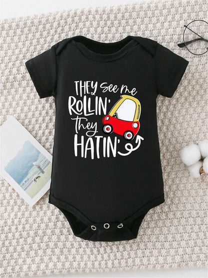 AYJK7 They See Me Rolling Around, They Hate Me, Cars, Comfortable Summer Outdoor Activities, Baby Romper, 100% Cotton Newborn Crawling Clothes, Casual Round Neck Short Sleeved Baby Triangle Jumpsuit