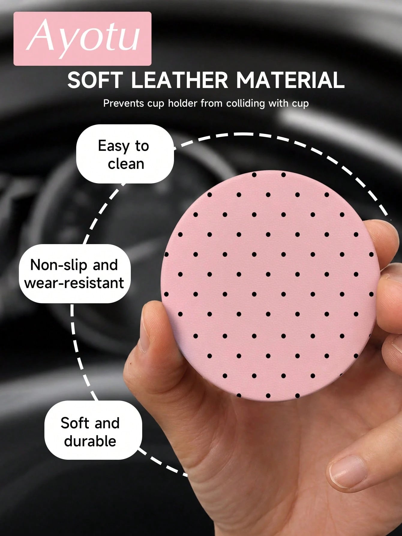 Ayotu 2pcs Minimalist Polka Dot PU Leather Car Cup Holder Coasters, Universal Non-Slip Cup Holder Liners, Geometric Polka Dot Car Interior Accessories, Cute Polka Dot Car Decor, Suitable For Women