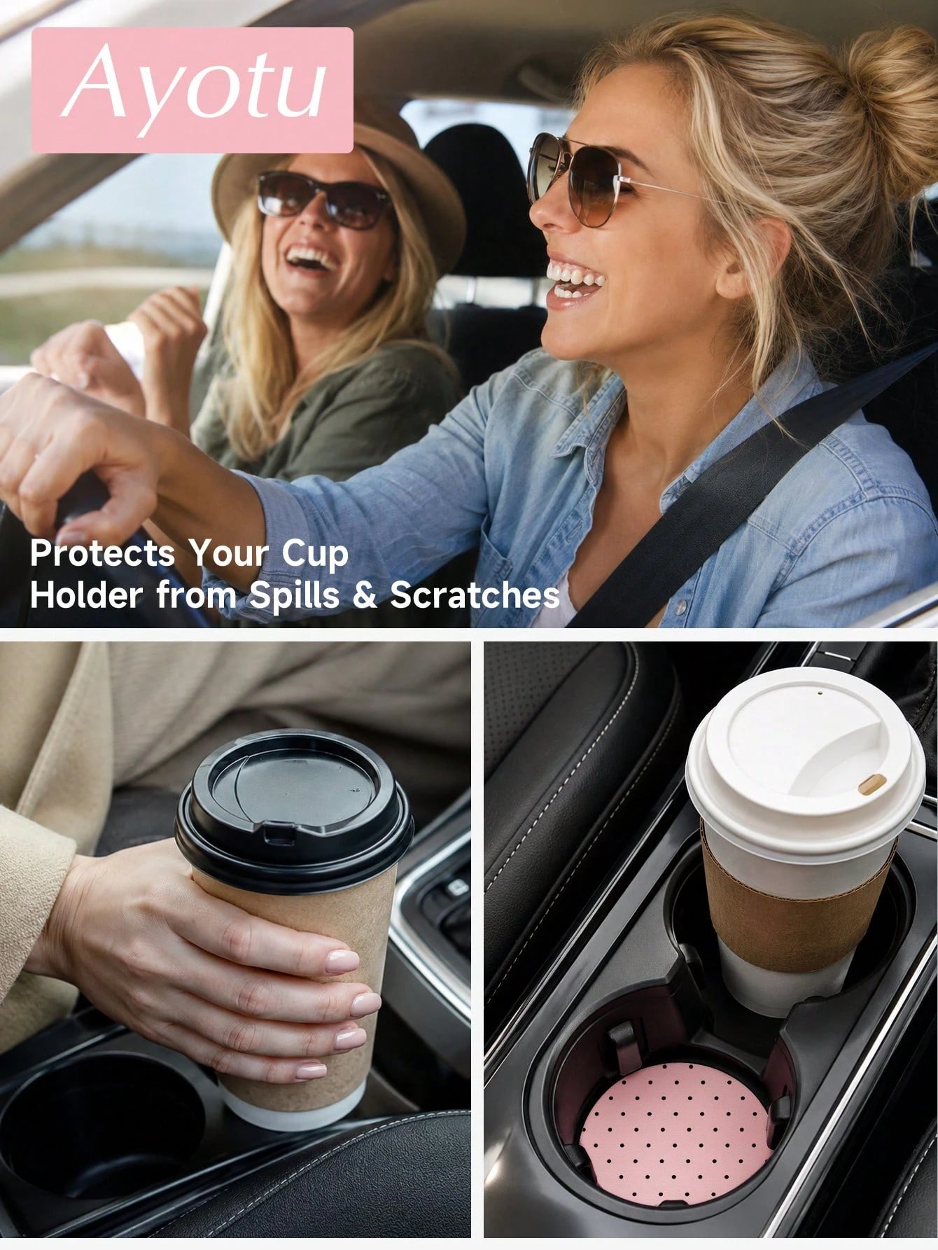 Ayotu 2pcs Minimalist Polka Dot PU Leather Car Cup Holder Coasters, Universal Non-Slip Cup Holder Liners, Geometric Polka Dot Car Interior Accessories, Cute Polka Dot Car Decor, Suitable For Women