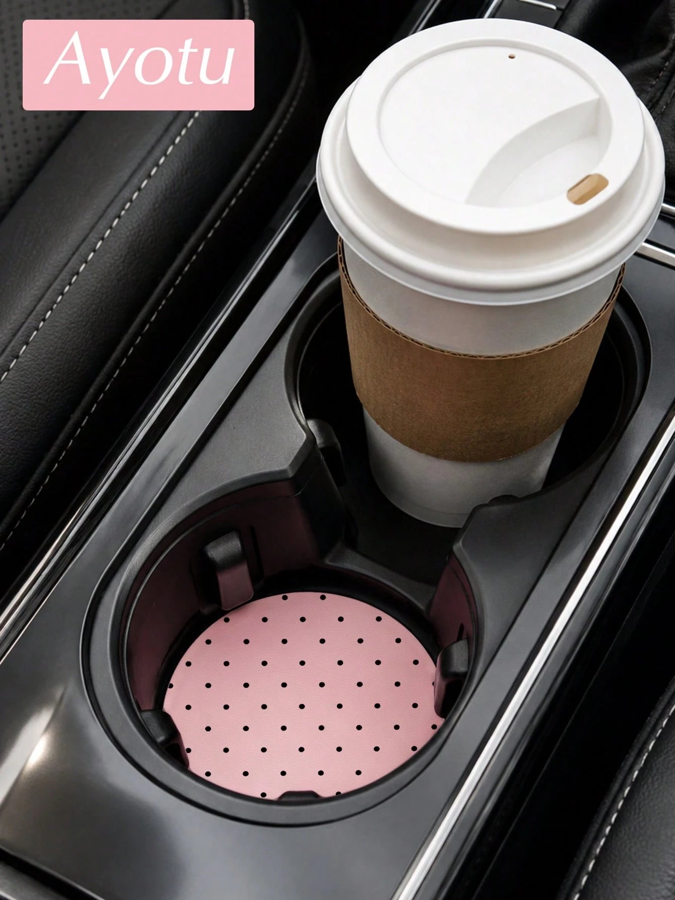 Ayotu 2pcs Minimalist Polka Dot PU Leather Car Cup Holder Coasters, Universal Non-Slip Cup Holder Liners, Geometric Polka Dot Car Interior Accessories, Cute Polka Dot Car Decor, Suitable For Women