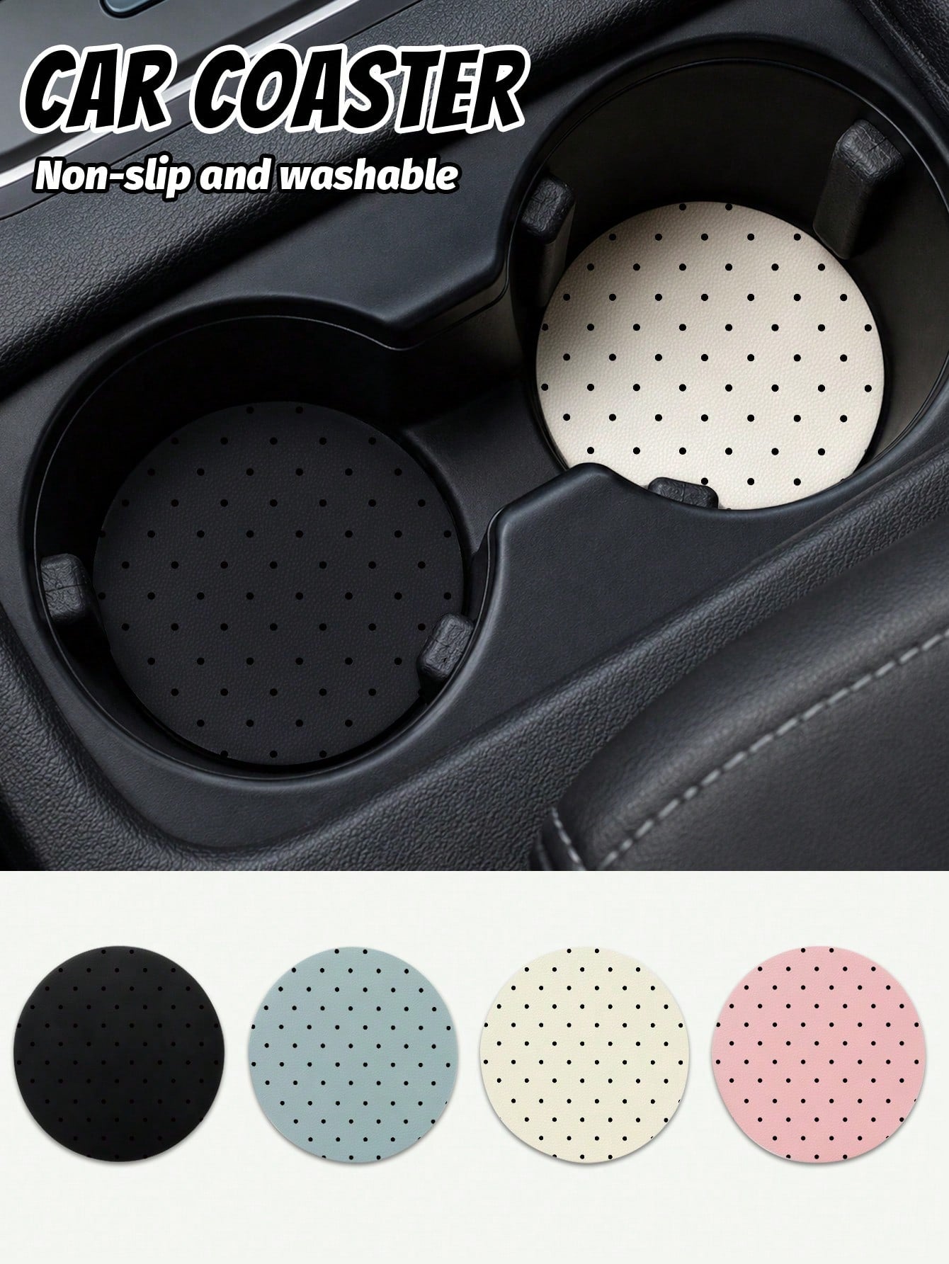 Ayotu 2pcs Minimalist Polka Dot PU Leather Car Cup Holder Coasters, Universal Non-Slip Cup Holder Liners, Geometric Polka Dot Car Interior Accessories, Cute Polka Dot Car Decor, Suitable For Women