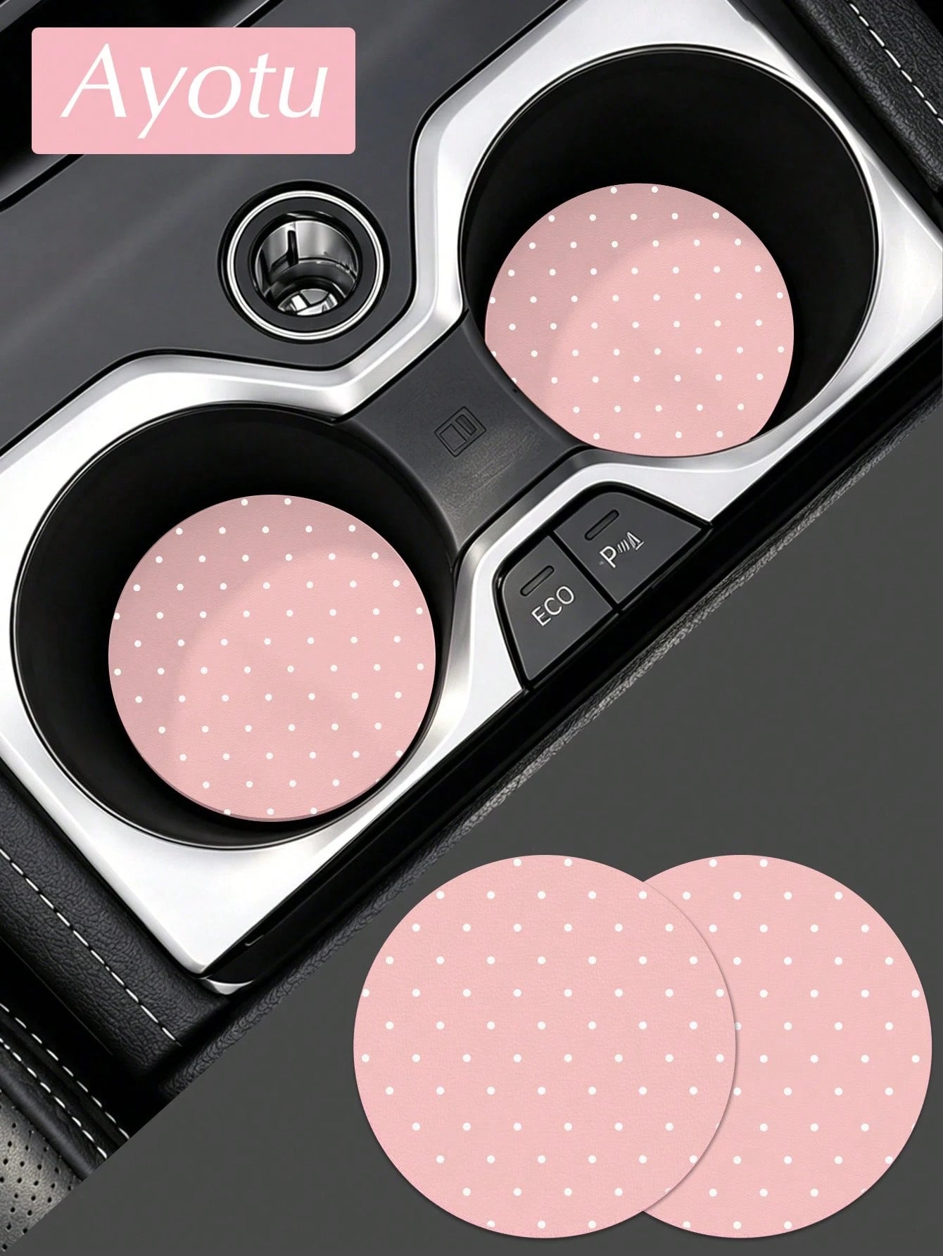 Ayotu 2pcs Minimalist Polka Dot PU Leather Car Cup Holder Coasters, Universal Non-Slip Cup Holder Liners, Geometric Polka Dot Car Interior Accessories, Cute Polka Dot Car Decor, Suitable For Women