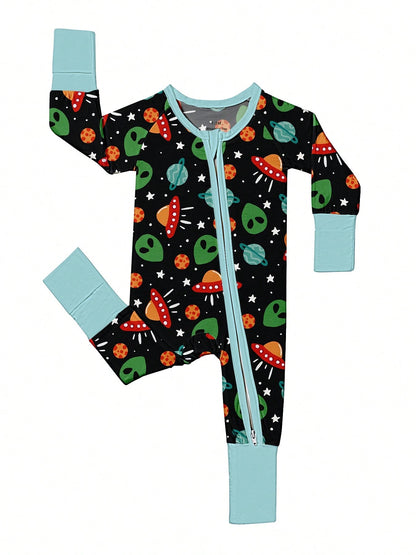Baby Bamboo Fiber Zip-Up, Cosmic Alien Romper, All-Season Knit Fabric Skinny Fit With Zipper Detail, Boy Baby Girl Clothes, Perfect For Outdoor