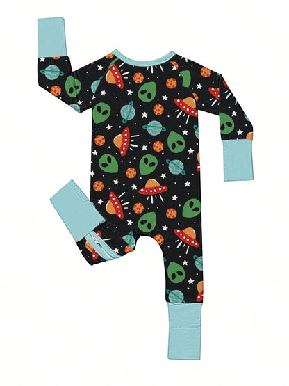 Baby Bamboo Fiber Zip-Up, Cosmic Alien Romper, All-Season Knit Fabric Skinny Fit With Zipper Detail, Boy Baby Girl Clothes, Perfect For Outdoor