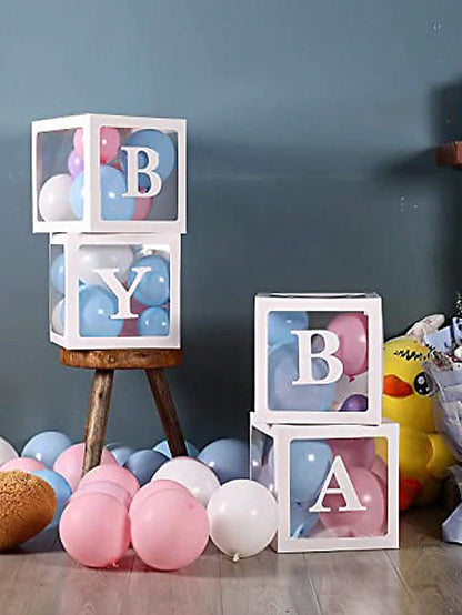 Baby Boxes With Letters For Baby Shower, Baby Shower Decorations For Boys Or Girls, Transparent Balloon Boxes Clear Blocks For Birthday Party, Bridal Shower, Gender Reveal(White)Baby Shower Family Dec