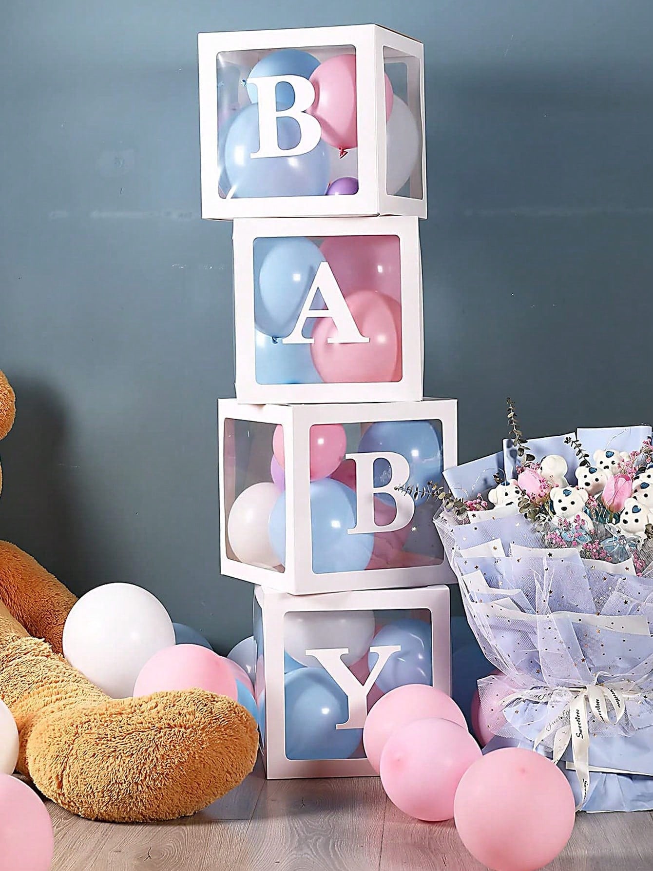 Baby Boxes With Letters For Baby Shower, Baby Shower Decorations For Boys Or Girls, Transparent Balloon Boxes Clear Blocks For Birthday Party, Bridal Shower, Gender Reveal(White)Baby Shower Family Dec