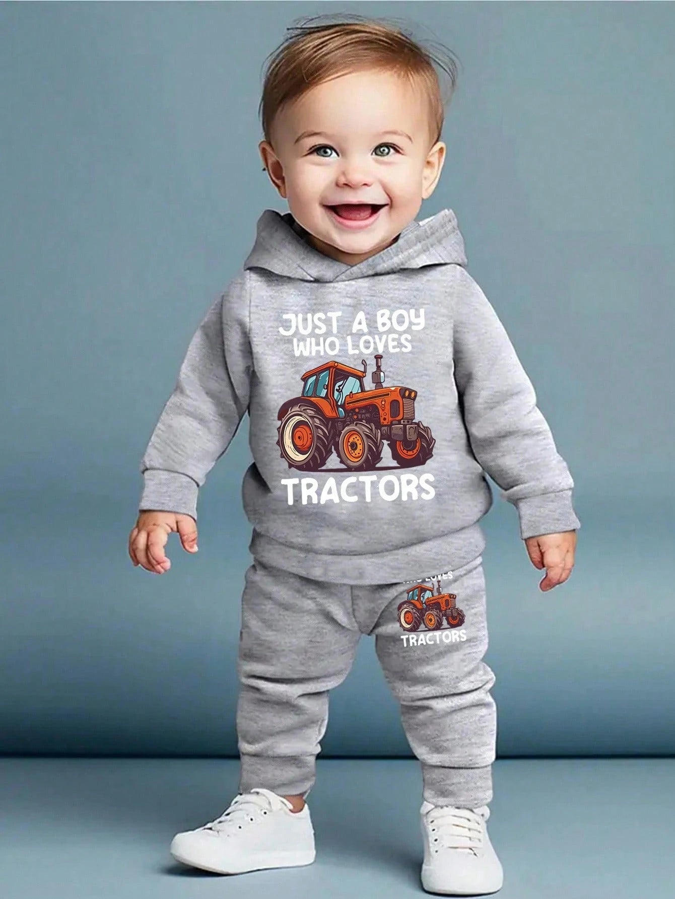 Baby Boy Car Pattern Casual Hooded Long Sleeve Sweatshirt And Pants Set, Spring/Autumn