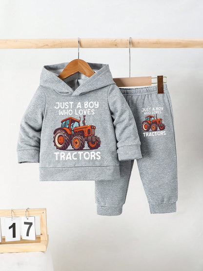 Baby Boy Car Pattern Casual Hooded Long Sleeve Sweatshirt And Pants Set, Spring/Autumn