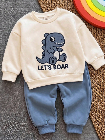 Baby Boy Cartoon Animal 3D Pattern Knitted Soft Crew Neck Long Sleeve Pullover Sweatshirt And Elastic Waist Long Pants 2-Piece Set Pull Halloween