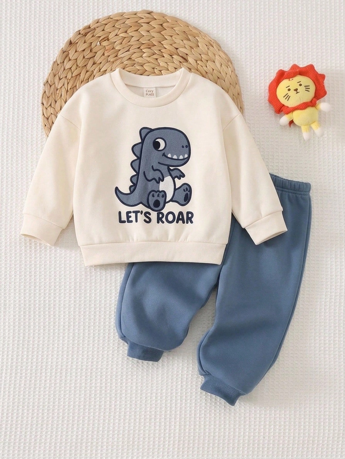 Baby Boy Cartoon Animal 3D Pattern Knitted Soft Crew Neck Long Sleeve Pullover Sweatshirt And Elastic Waist Long Pants 2-Piece Set Pull Halloween