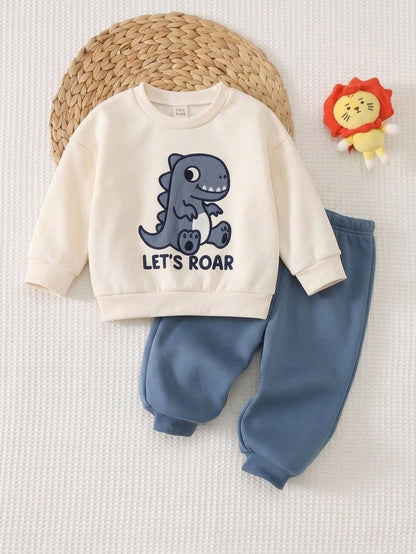 Baby Boy Cartoon Animal 3D Pattern Knitted Soft Crew Neck Long Sleeve Pullover Sweatshirt And Elastic Waist Long Pants 2-Piece Set Pull Halloween