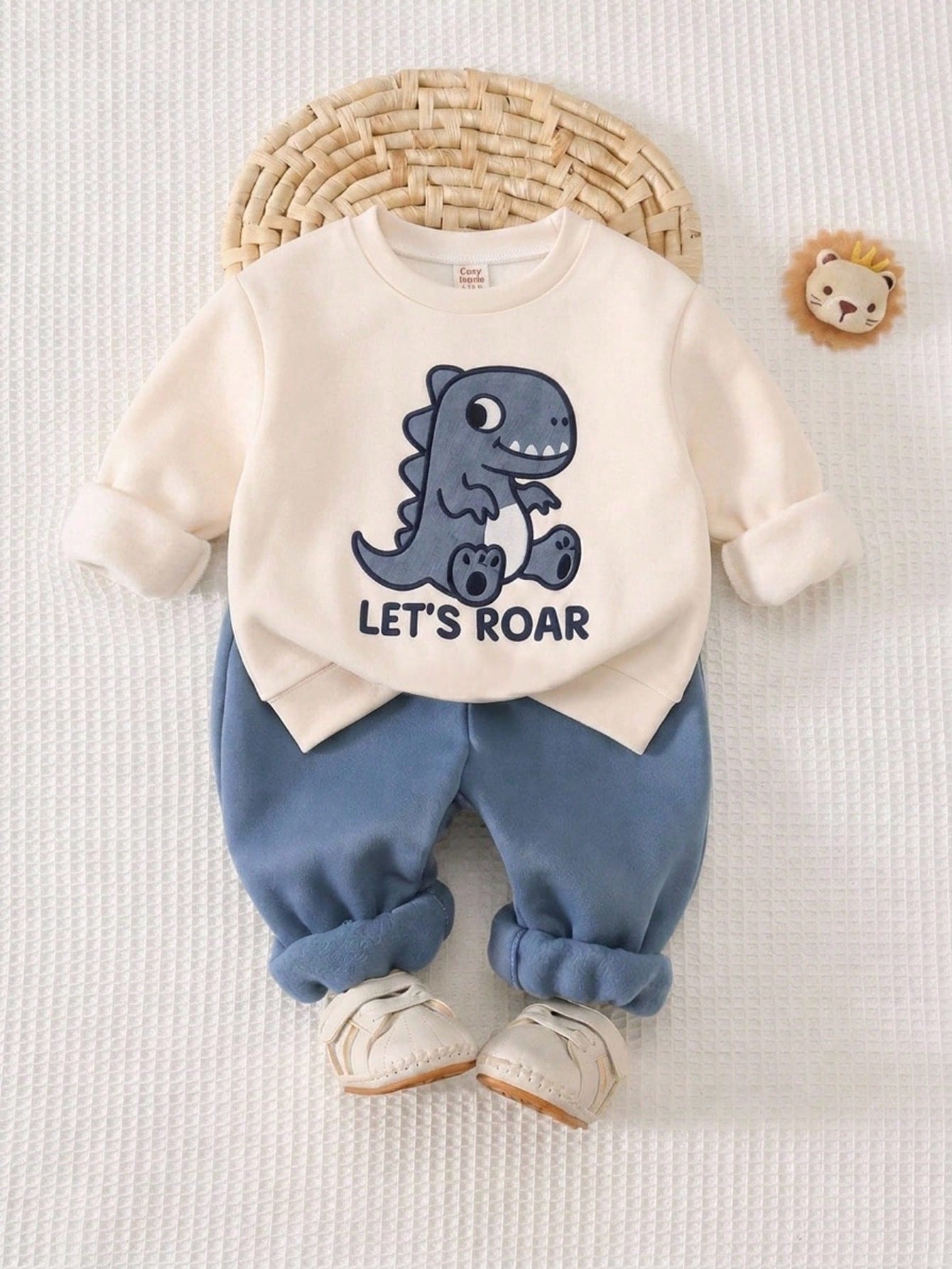 Baby Boy Cartoon Animal 3D Pattern Knitted Soft Crew Neck Long Sleeve Pullover Sweatshirt And Elastic Waist Long Pants 2-Piece Set Pull Halloween