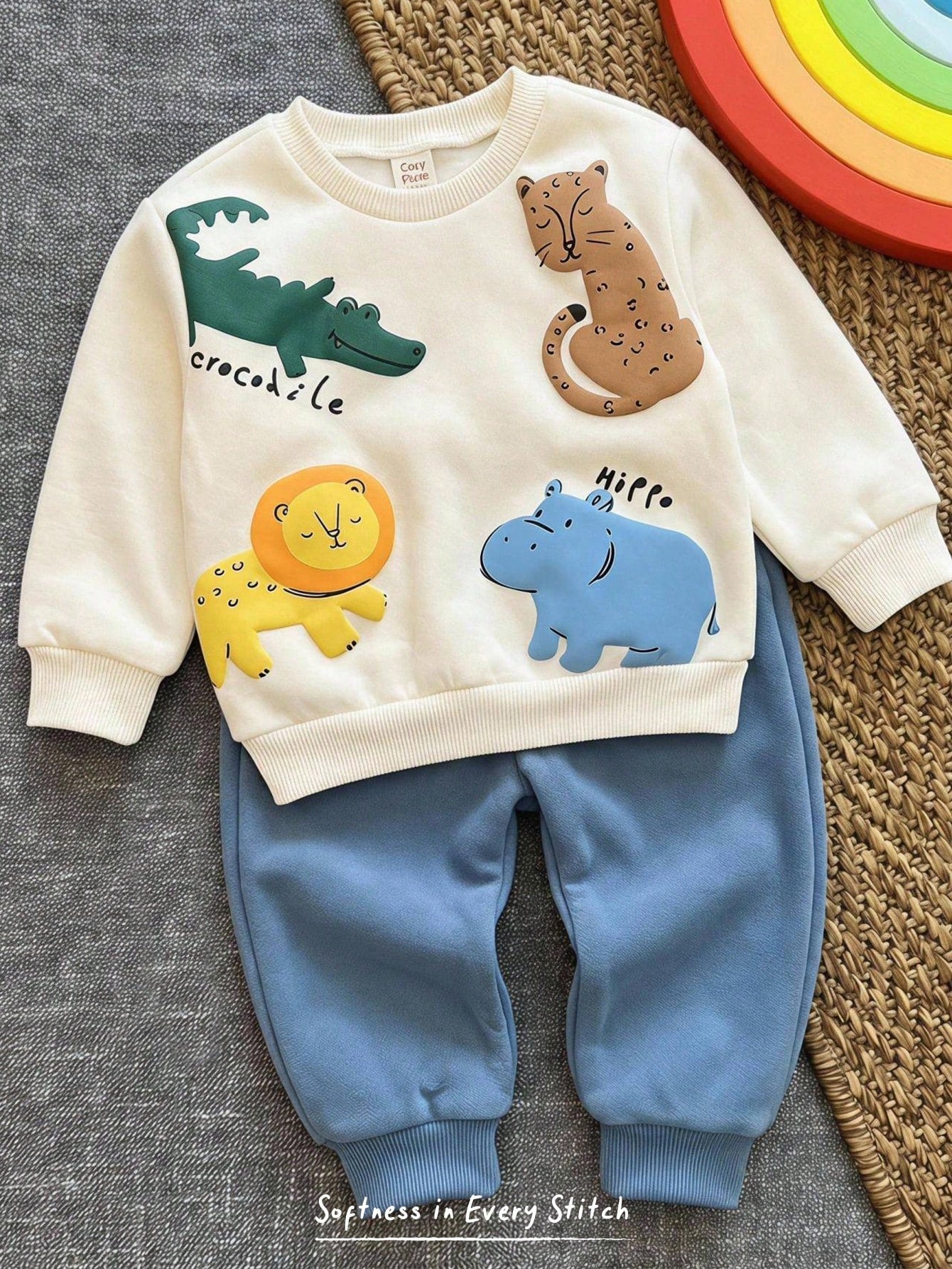 Baby Boy Cartoon Animal 3D Pattern Knitted Soft Crew Neck Long Sleeve Pullover Sweatshirt And Elastic Waist Long Pants 2-Piece Set Pull Halloween