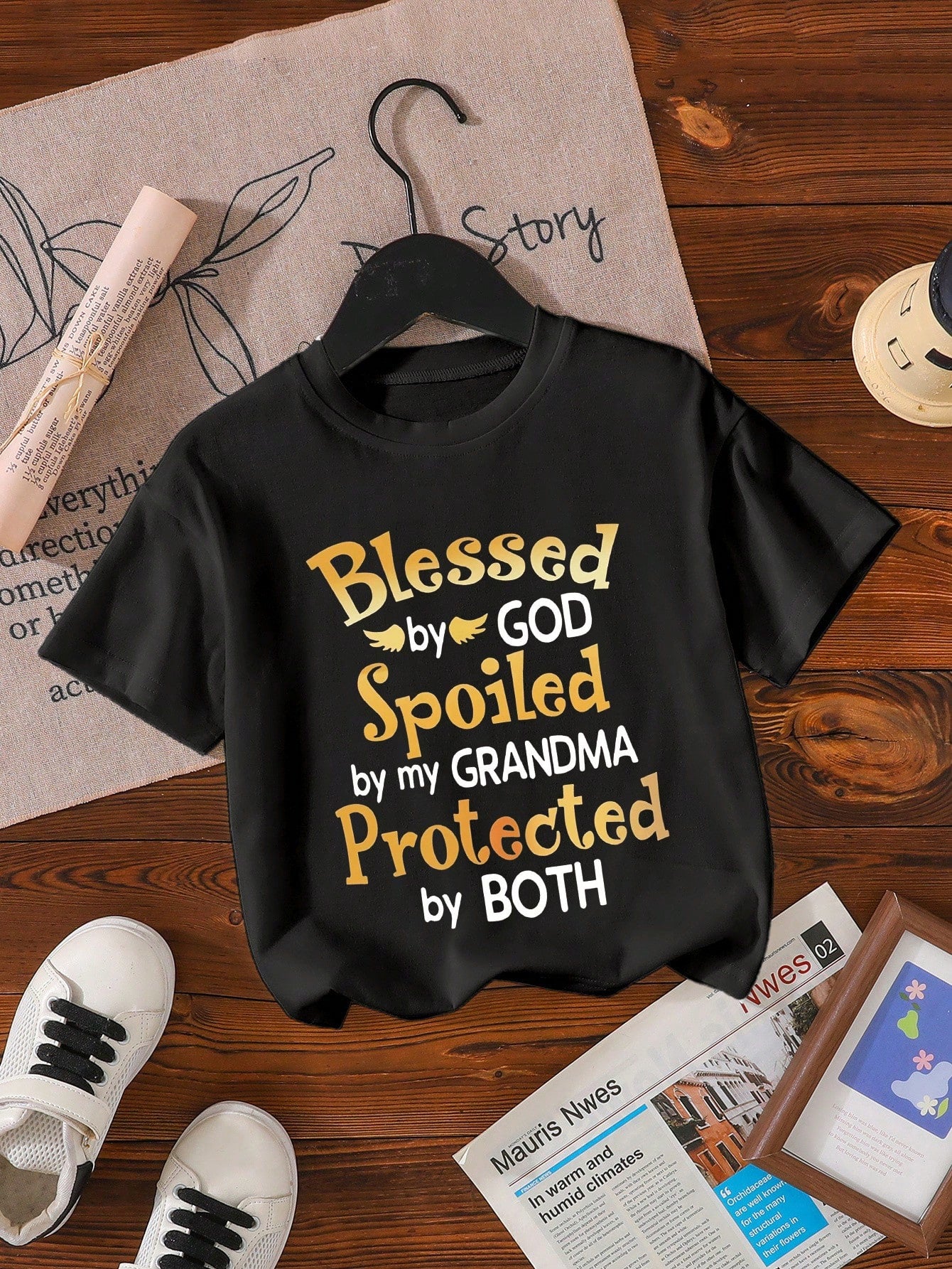 Baby Boy Casual Minimalist Gold English Slogan Print Short Sleeve Round Neck T-Shirt, Suitable For Summer