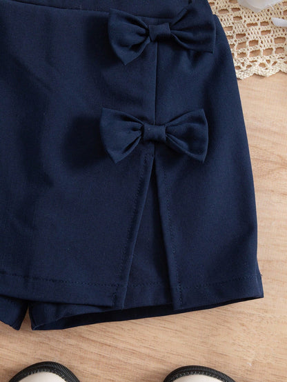 Baby Boy Cute Casual Versatile Navy Blue Bow Elastic Waist Shorts