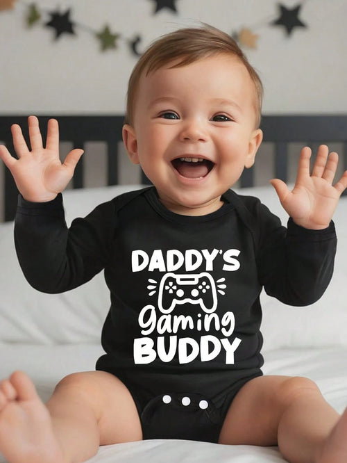 Baby Boy Novelty Game Console & Letter Print Long Sleeve Bodysuit, Suitable For Autumn Outings