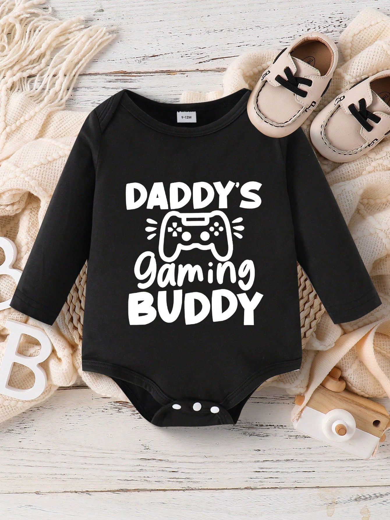 Baby Boy Novelty Game Console & Letter Print Long Sleeve Bodysuit, Suitable For Autumn Outings