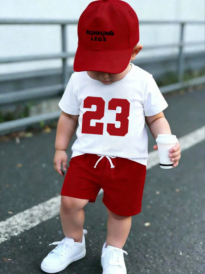 Baby Boy Number Print Round Neck Short Sleeve T-Shirt And Shorts Casual Daily Outfit