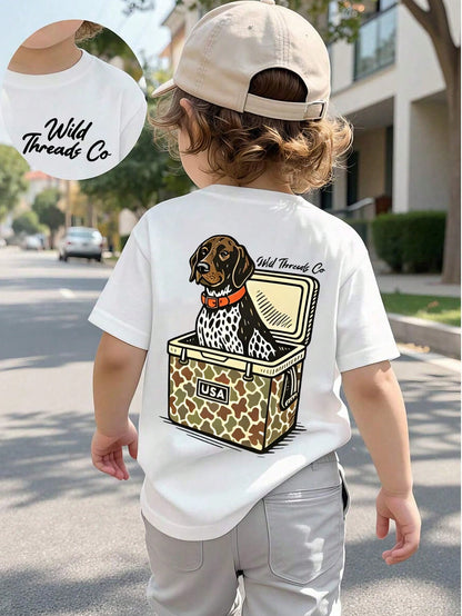 Baby Boy Short Sleeved Loose Round Neck T-Shirt With USA Camo Cooler Hunting Dog Printed Pattern Suitable For Summer Wear