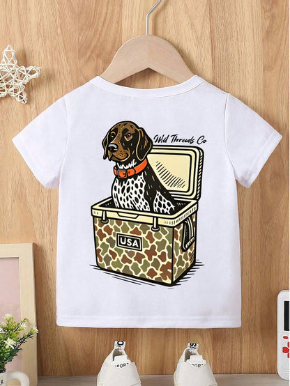 Baby Boy Short Sleeved Loose Round Neck T-Shirt With USA Camo Cooler Hunting Dog Printed Pattern Suitable For Summer Wear