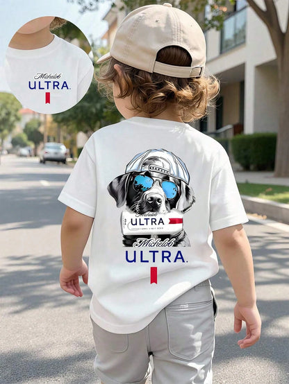Baby Boy Short Sleeved Loose Round Neck T-Shirt With USA Camo Cooler Hunting Dog Printed Pattern Suitable For Summer Wear