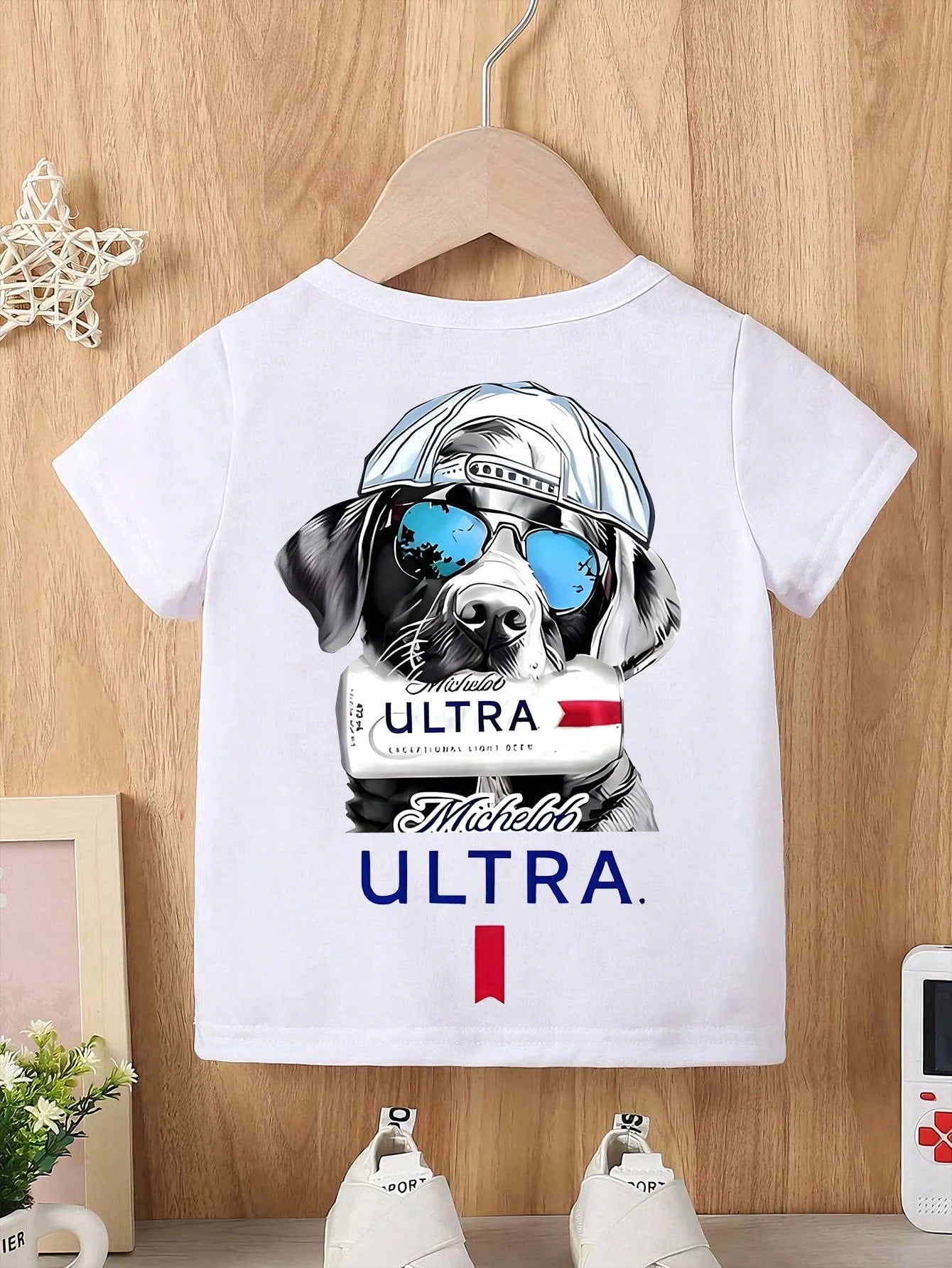 Baby Boy Short Sleeved Loose Round Neck T-Shirt With USA Camo Cooler Hunting Dog Printed Pattern Suitable For Summer Wear
