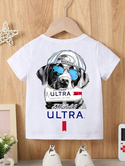 Baby Boy Short Sleeved Loose Round Neck T-Shirt With USA Camo Cooler Hunting Dog Printed Pattern Suitable For Summer Wear