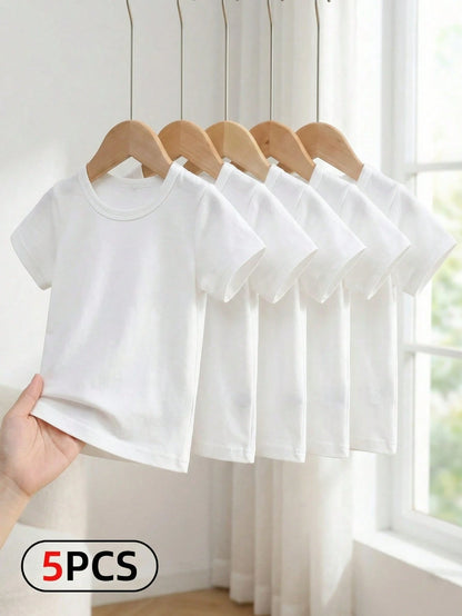 Baby Boy Simple And Comfortable White Short-Sleeved Top 5-Piece Set For Spring/Summer