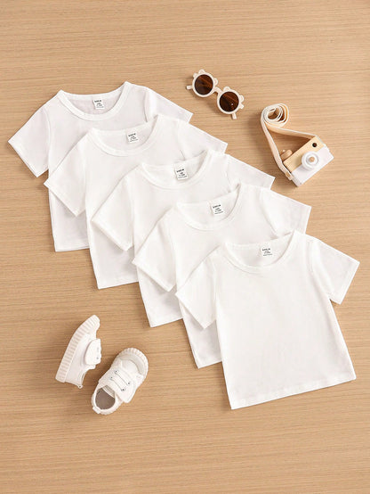 Baby Boy Simple And Comfortable White Short-Sleeved Top 5-Piece Set For Spring/Summer