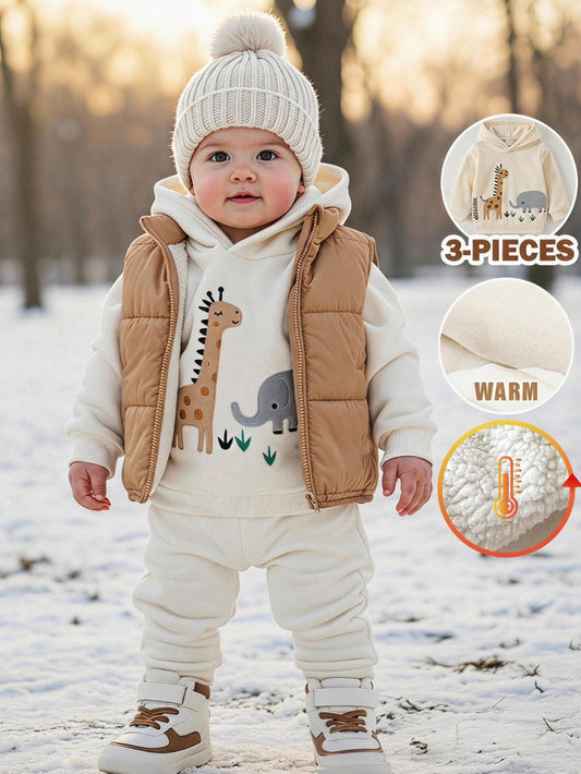 Baby Boy Woven Sleeveless Padded Vest + Hooded Sweatshirt + Long Winter Pants 3 Pieces Set Holiday Vacation Camel Brown Pastel Autumn Cute Casual