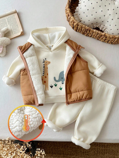 Baby Boy Woven Sleeveless Padded Vest + Hooded Sweatshirt + Long Winter Pants 3 Pieces Set Holiday Vacation Camel Brown Pastel Autumn Cute Casual