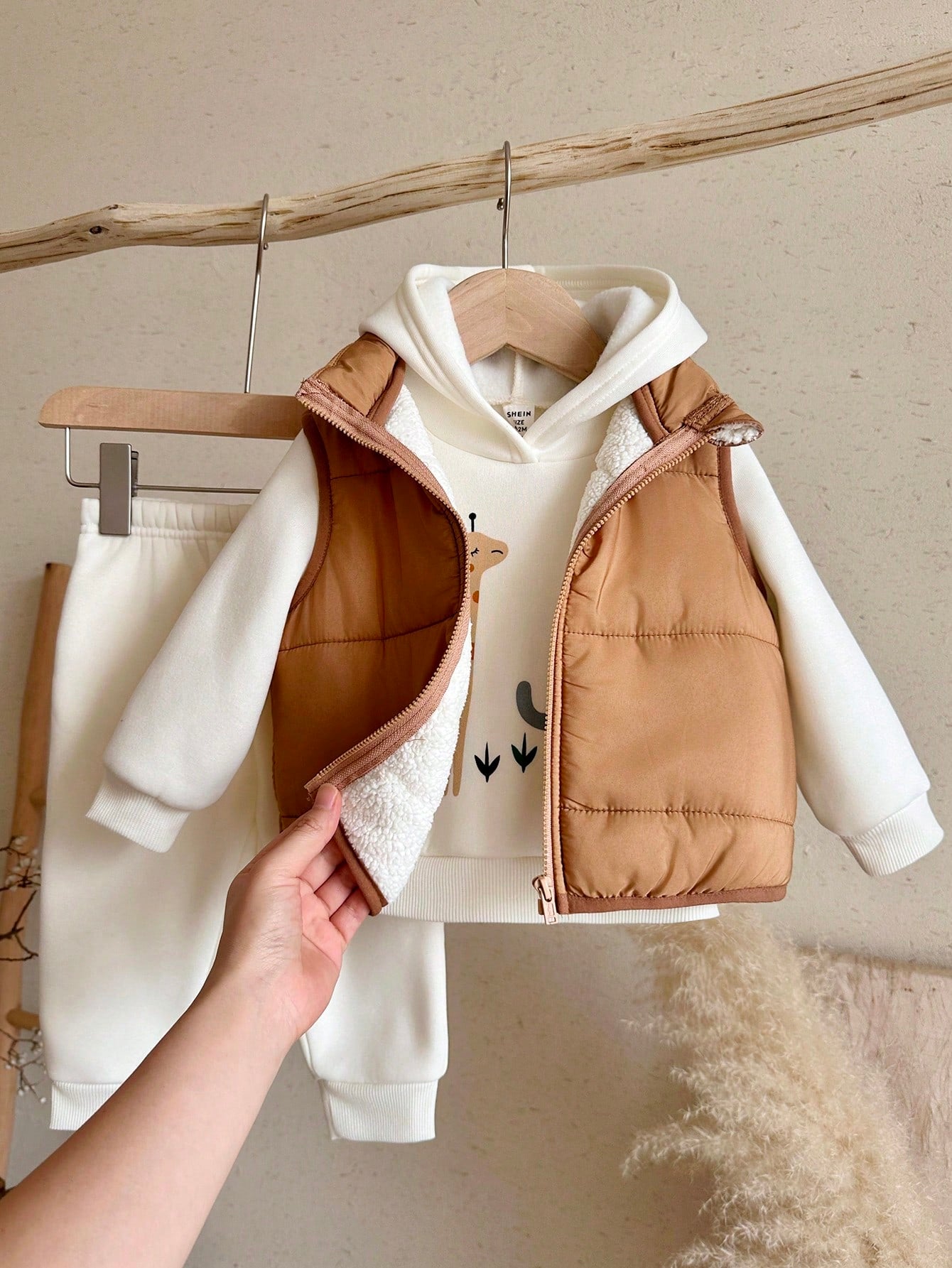 Baby Boy Woven Sleeveless Padded Vest + Hooded Sweatshirt + Long Winter Pants 3 Pieces Set Holiday Vacation Camel Brown Pastel Autumn Cute Casual