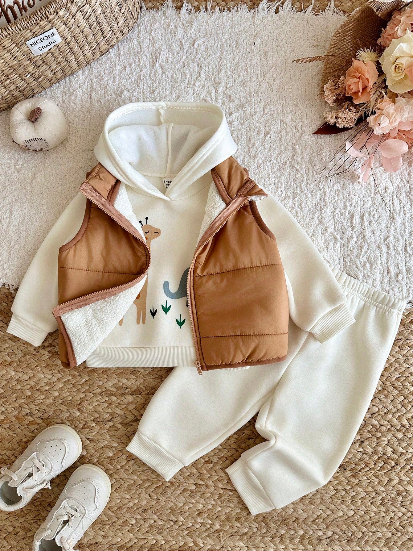 Baby Boy Woven Sleeveless Padded Vest + Hooded Sweatshirt + Long Winter Pants 3 Pieces Set Holiday Vacation Camel Brown Pastel Autumn Cute Casual