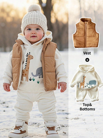 Baby Boy Woven Sleeveless Padded Vest + Hooded Sweatshirt + Long Winter Pants 3 Pieces Set Holiday Vacation Camel Brown Pastel Autumn Cute Casual