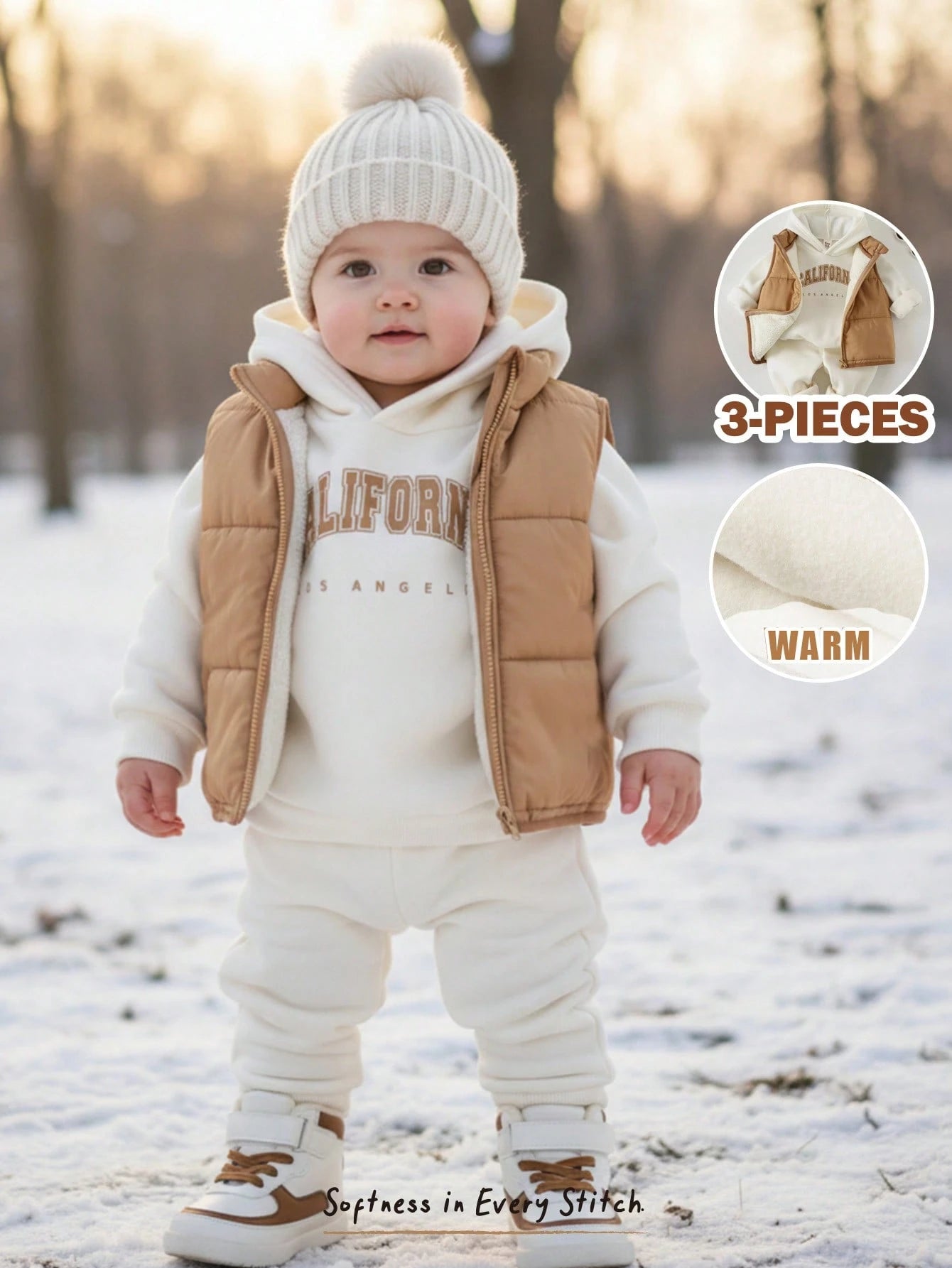 Baby Boy Woven Sleeveless Padded Vest + Hooded Sweatshirt + Long Winter Pants 3 Pieces Set Holiday Vacation Camel Brown Pastel Autumn Cute Casual