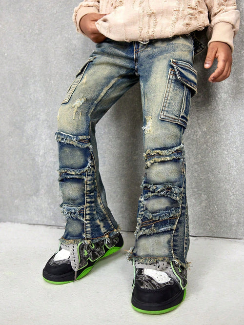 Baby Boy Y2k Retro Vintage Vintage Washed Ripped Frayed Raw Edges Patchwork High Stretch Slim Fit Blue Jeans With Cargo Pocket Fall Winter, Winter