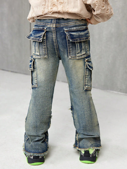 Baby Boy Y2k Retro Vintage Vintage Washed Ripped Frayed Raw Edges Patchwork High Stretch Slim Fit Blue Jeans With Cargo Pocket Fall Winter, Winter