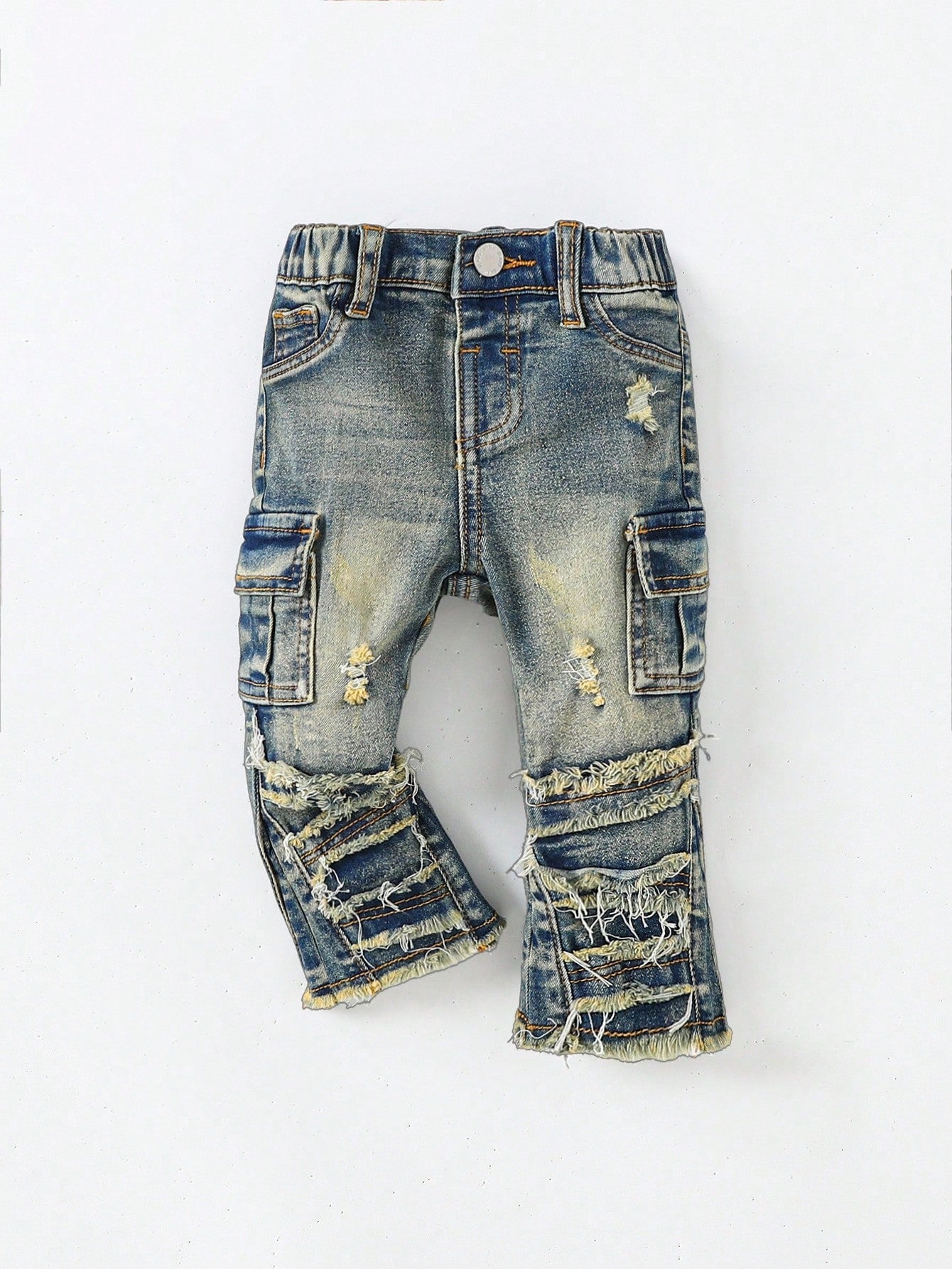 Baby Boy Y2k Retro Vintage Vintage Washed Ripped Frayed Raw Edges Patchwork High Stretch Slim Fit Blue Jeans With Cargo Pocket Fall Winter, Winter