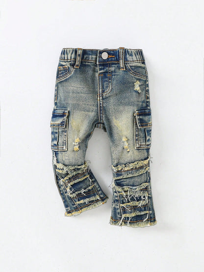 Baby Boy Y2k Retro Vintage Vintage Washed Ripped Frayed Raw Edges Patchwork High Stretch Slim Fit Blue Jeans With Cargo Pocket Fall Winter, Winter