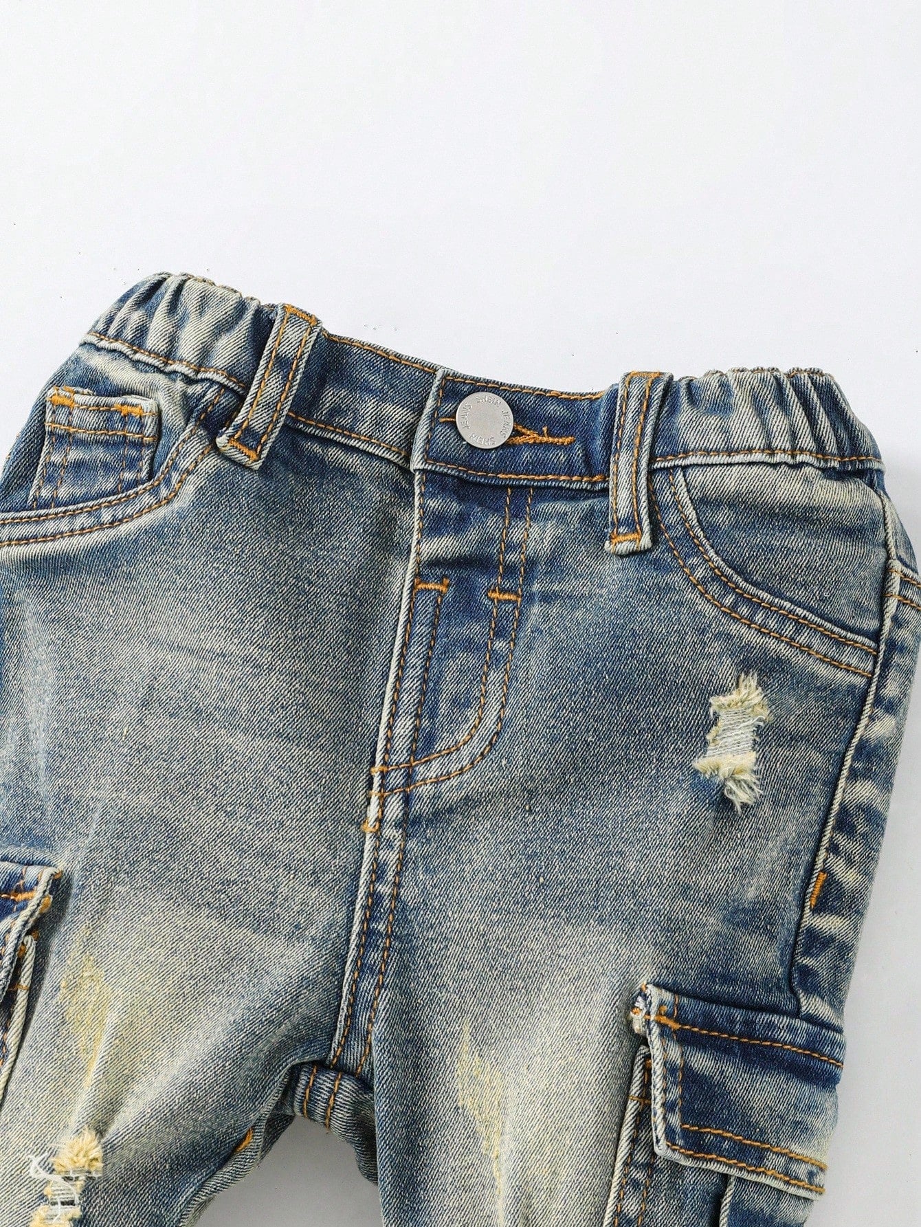 Baby Boy Y2k Retro Vintage Vintage Washed Ripped Frayed Raw Edges Patchwork High Stretch Slim Fit Blue Jeans With Cargo Pocket Fall Winter, Winter