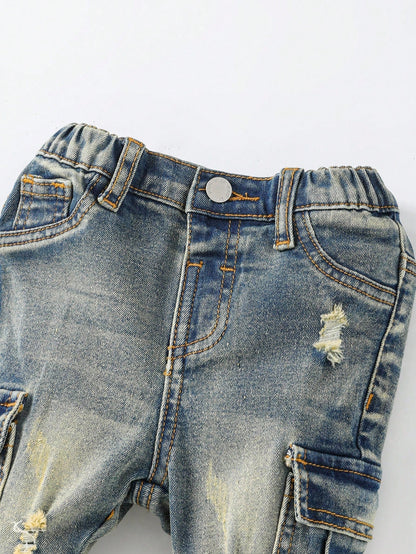 Baby Boy Y2k Retro Vintage Vintage Washed Ripped Frayed Raw Edges Patchwork High Stretch Slim Fit Blue Jeans With Cargo Pocket Fall Winter, Winter