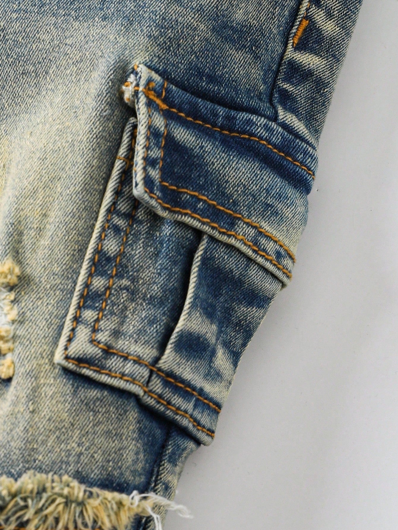 Baby Boy Y2k Retro Vintage Vintage Washed Ripped Frayed Raw Edges Patchwork High Stretch Slim Fit Blue Jeans With Cargo Pocket Fall Winter, Winter