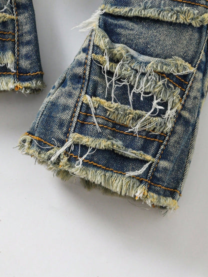 Baby Boy Y2k Retro Vintage Vintage Washed Ripped Frayed Raw Edges Patchwork High Stretch Slim Fit Blue Jeans With Cargo Pocket Fall Winter, Winter