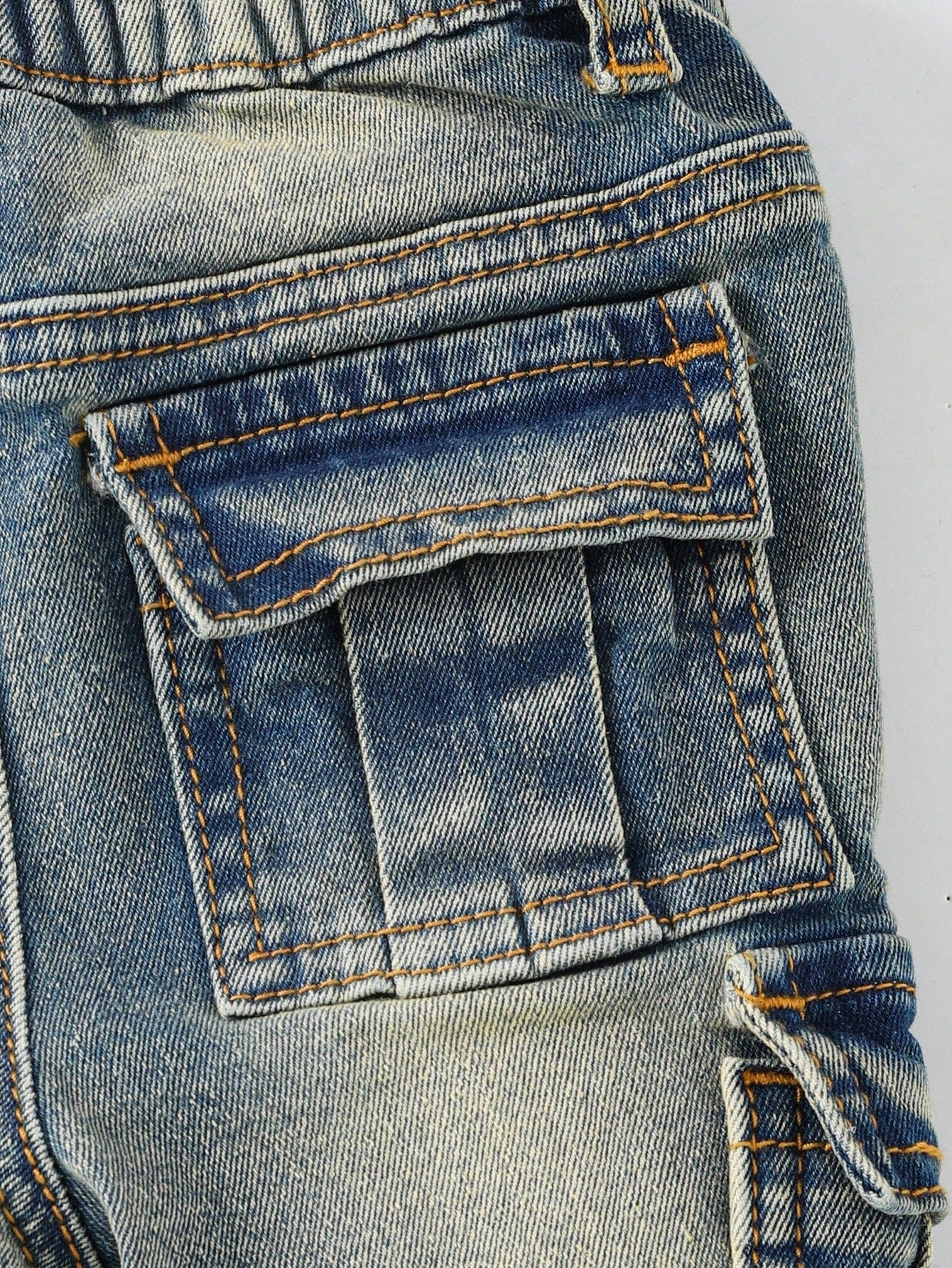 Baby Boy Y2k Retro Vintage Vintage Washed Ripped Frayed Raw Edges Patchwork High Stretch Slim Fit Blue Jeans With Cargo Pocket Fall Winter, Winter